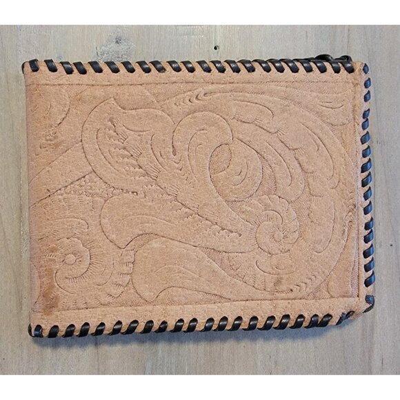 Vintage Tooled Western Wallet Laced Flower Floral Men's Leather Bifold Southwest - Picture 1 of 6
